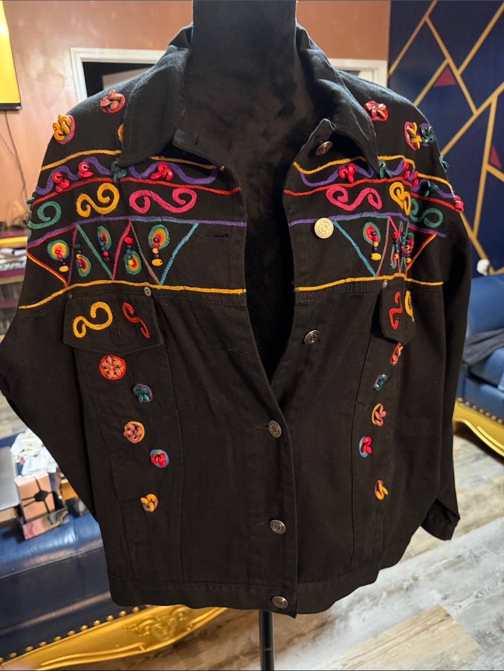 Vintage Carole Little Embroidered Black Denim Women's Jacket